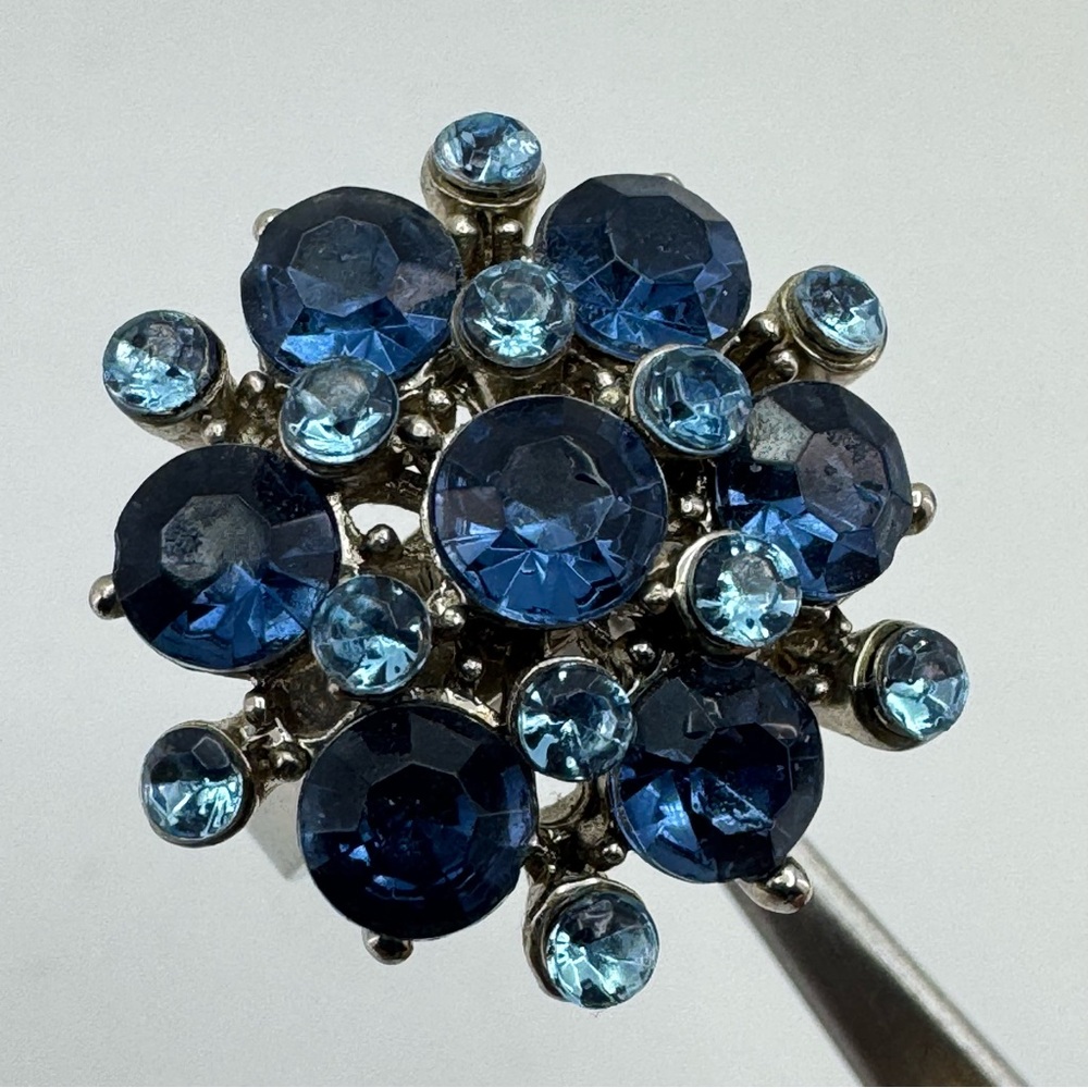 Silver Tone Blue Crystal Rhinestone Flower Adjustable Statement Ring